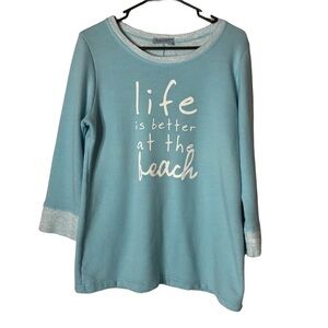 Fresh Produce Life is‎ Better at the Beach Sweatshirt Sz XS Aqua Blue 3/4 Sleeve